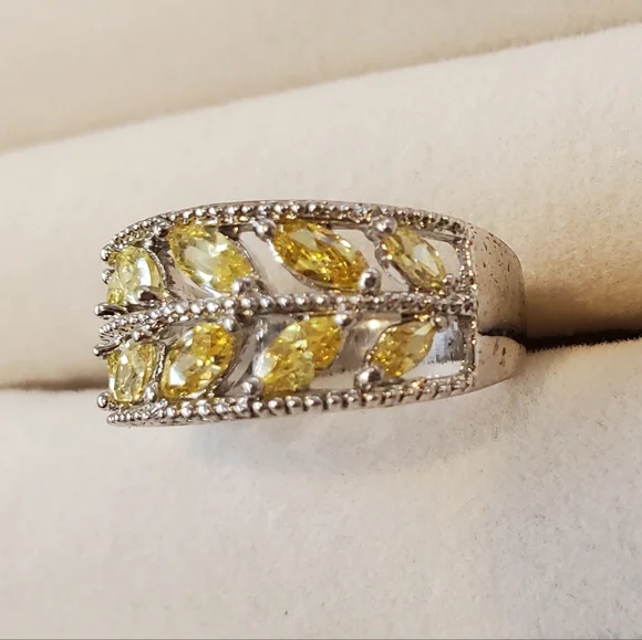 Elegant Women's Silver Ring w/ Yellow Citrine Stones Leafy Vine Design Size 7 - Picture 3 of 10